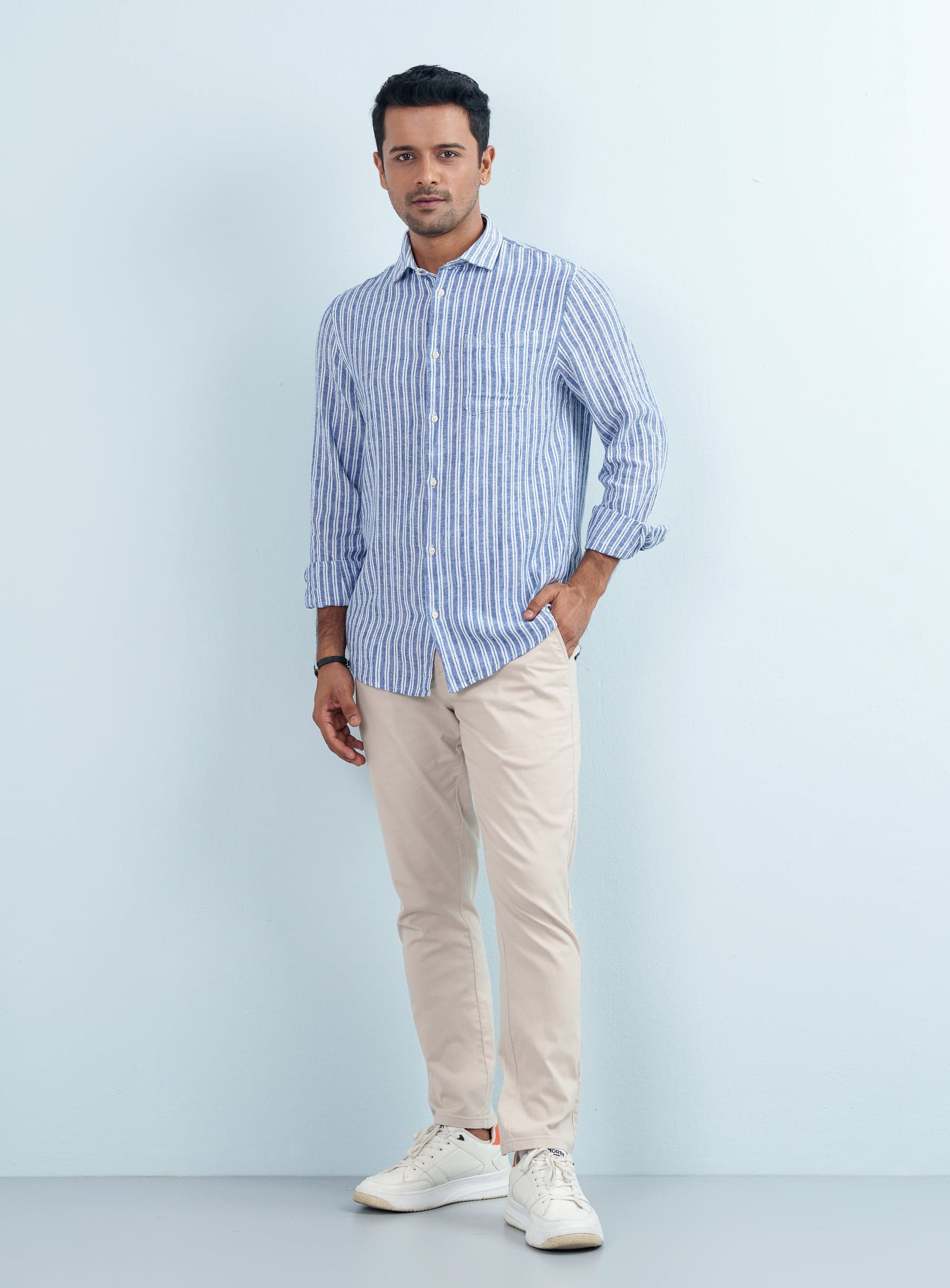 Men blue striped cotton mixed slim fit casual shirt full front view